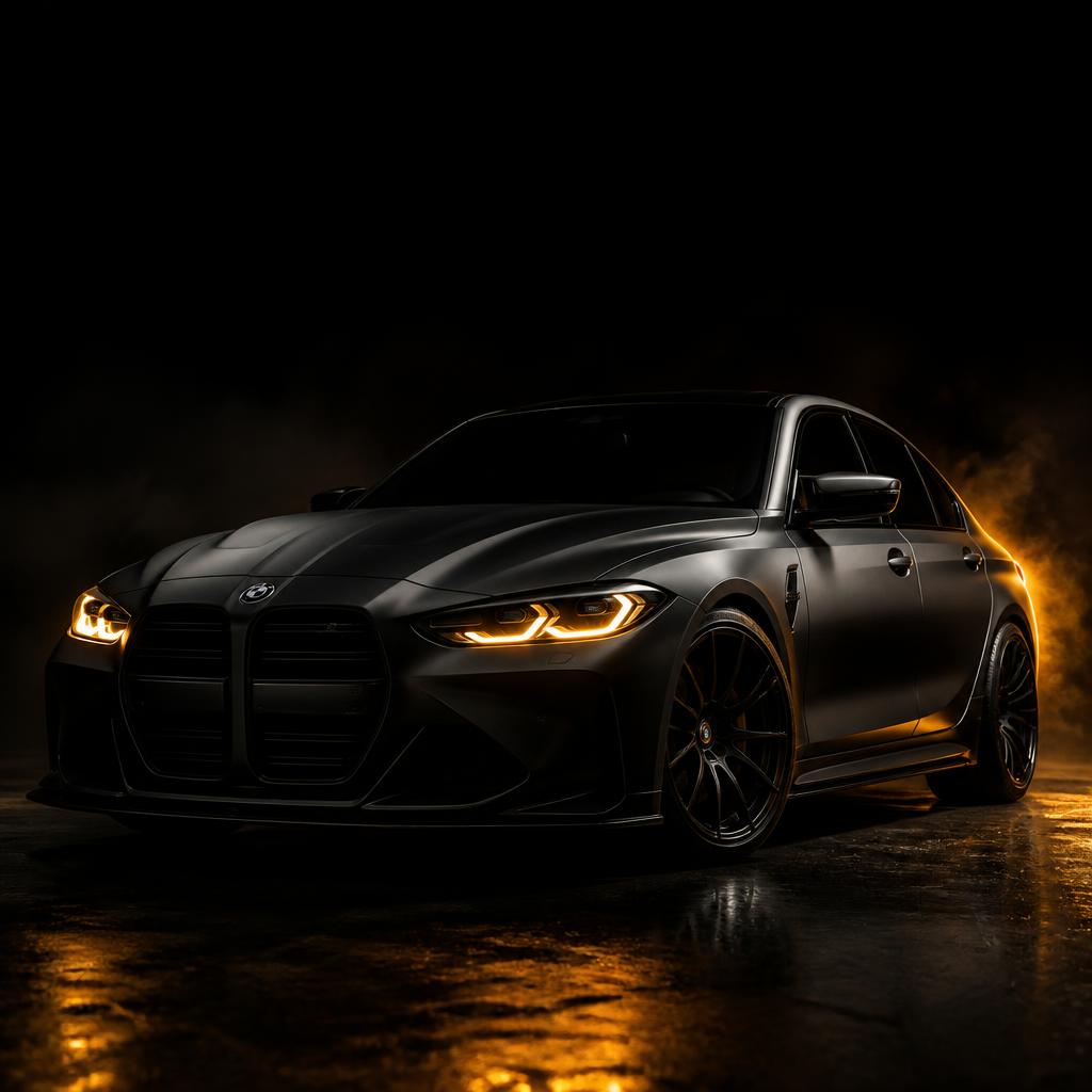 Dark performance car lit by amber headlights