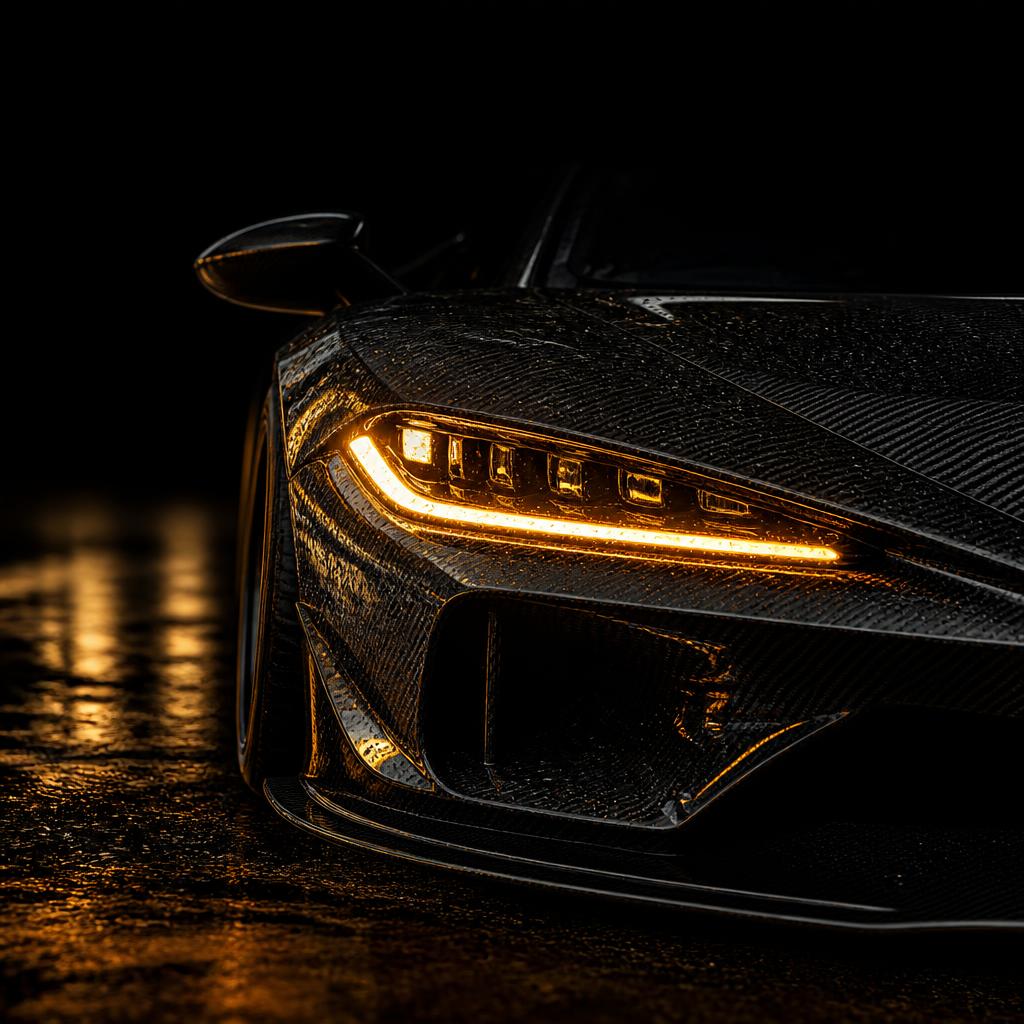 Close-up of a luxury car headlight glowing amber at night